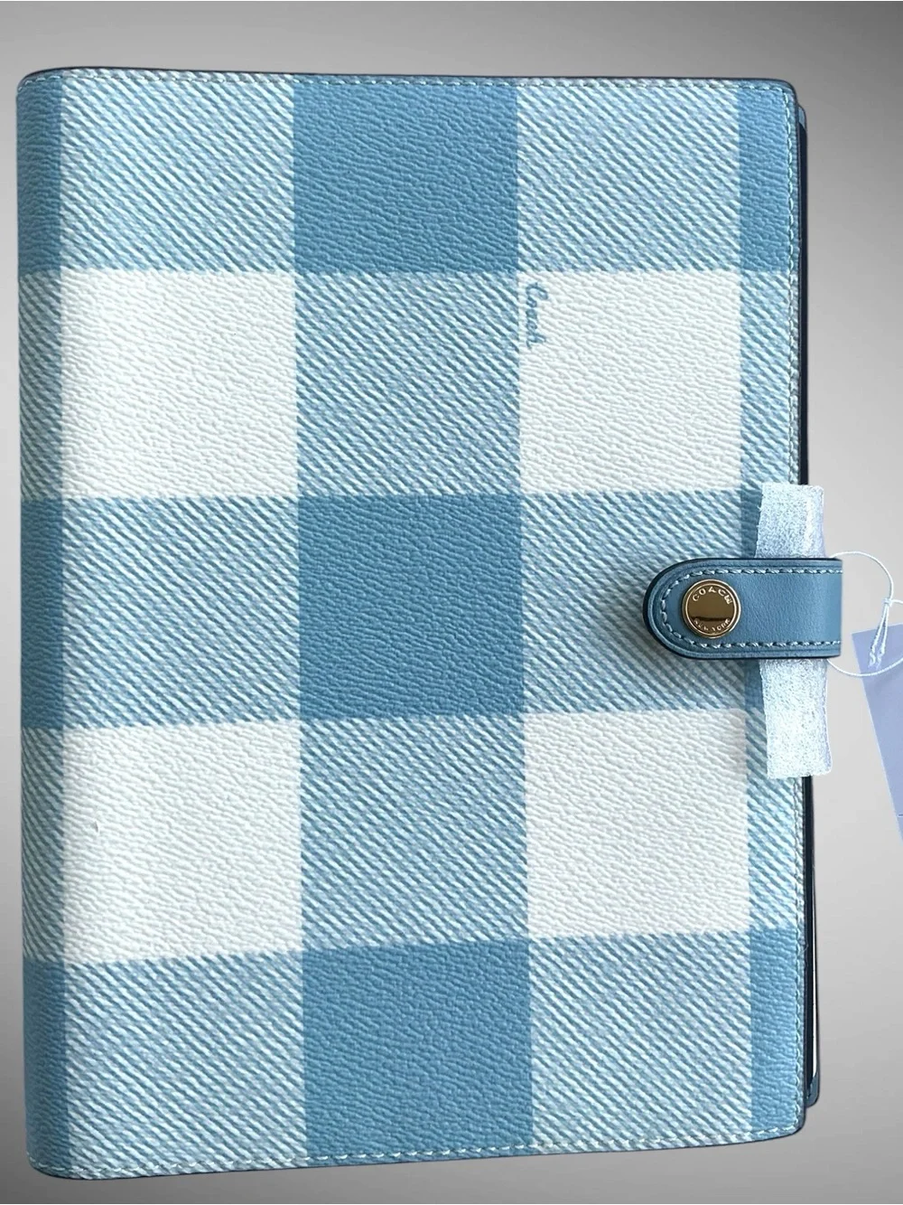 Coach Gingham Print Notebook Journal Blue White Plaid Snap Closure NWT